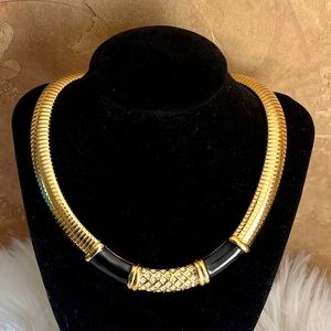 1980 Monet Black Enamel & Clear Rhinestone Collar Statement Necklace - Rare
